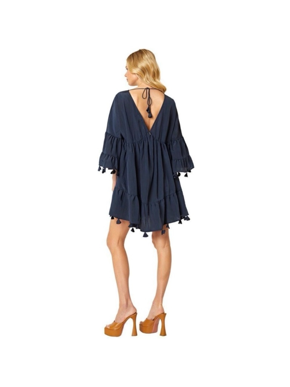 NWT MISA Los Angeles Mahtab Dress XS Navy Blue Tassel Boho Bell Sleeve Mini - Picture 2 of 8